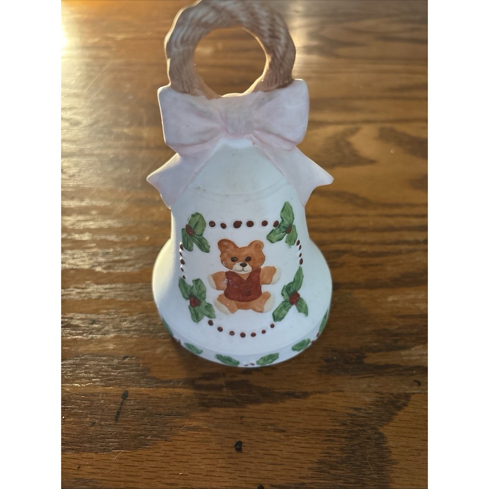 Vintage Porcelain Musical Bell Teddy Bear Holly Pink Bow Sankyo Japan Movement